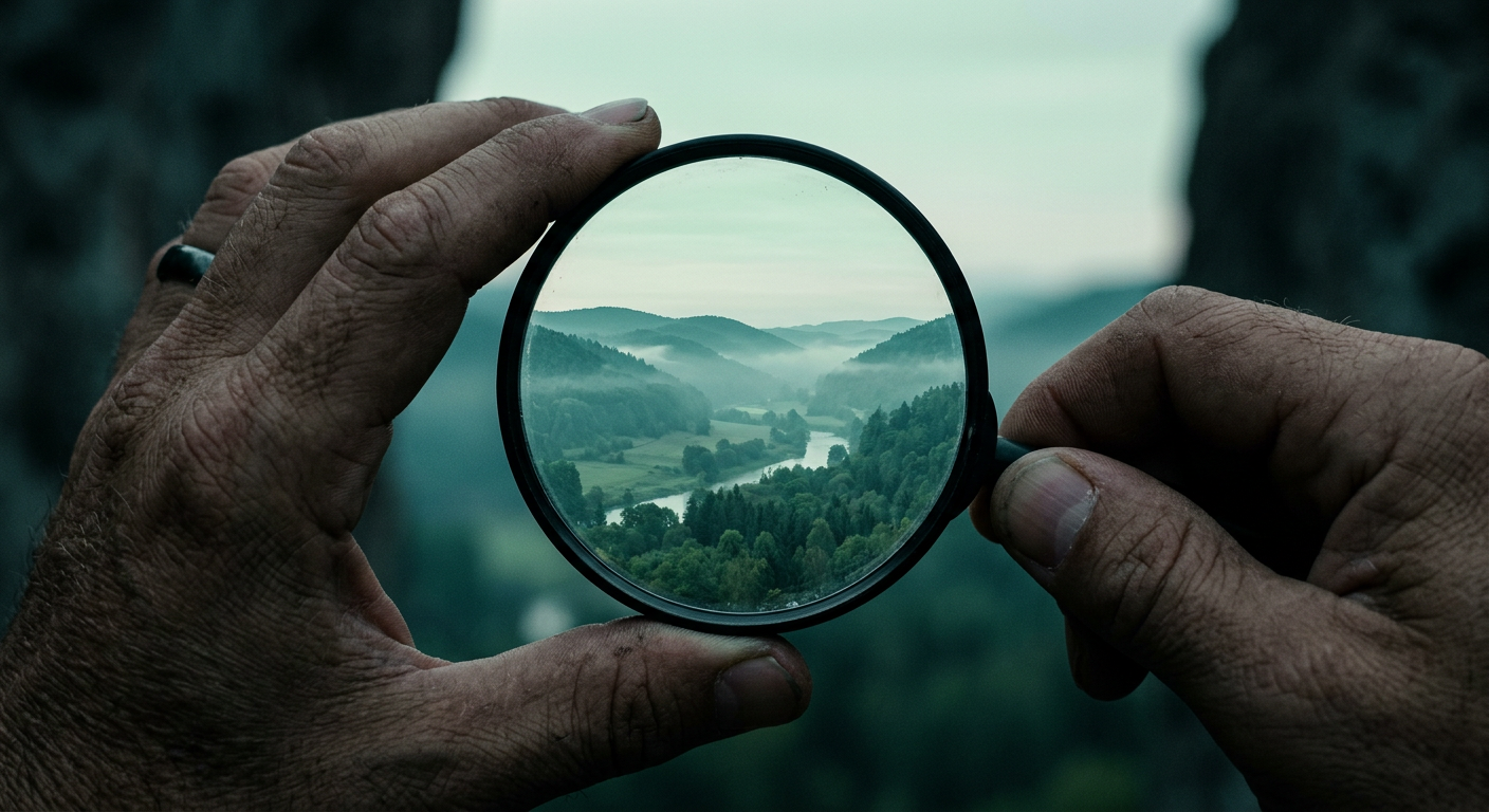 Hands holding a magnifying glass over a misty valley, an illustration of an audit