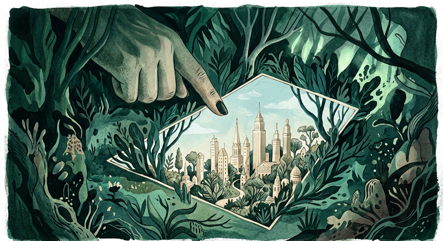A hand pointing at a small town seen through a gap in the forest, an illustration of buyers finding a listing