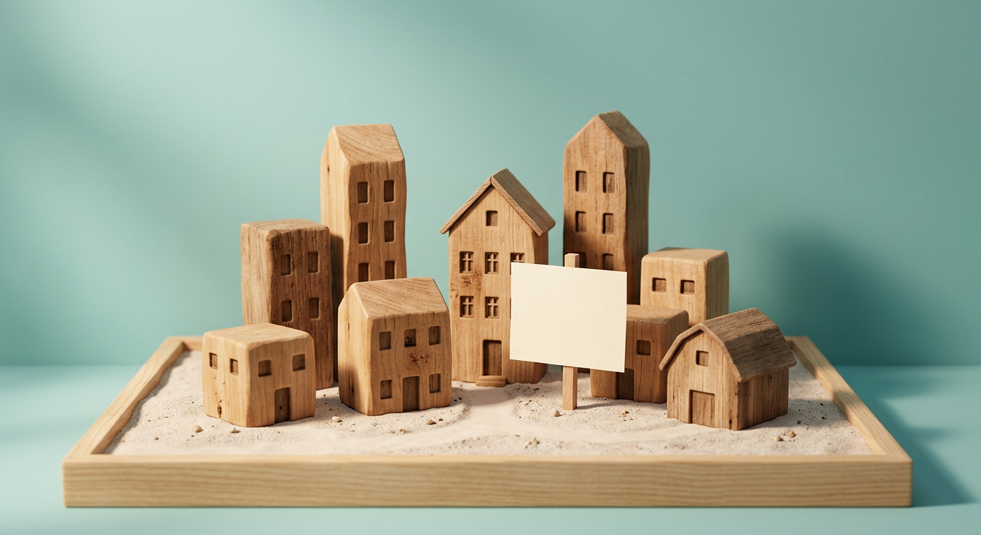 Small wooden buildings on a sand tray beside a blank sign, an illustration of a company becoming a listing